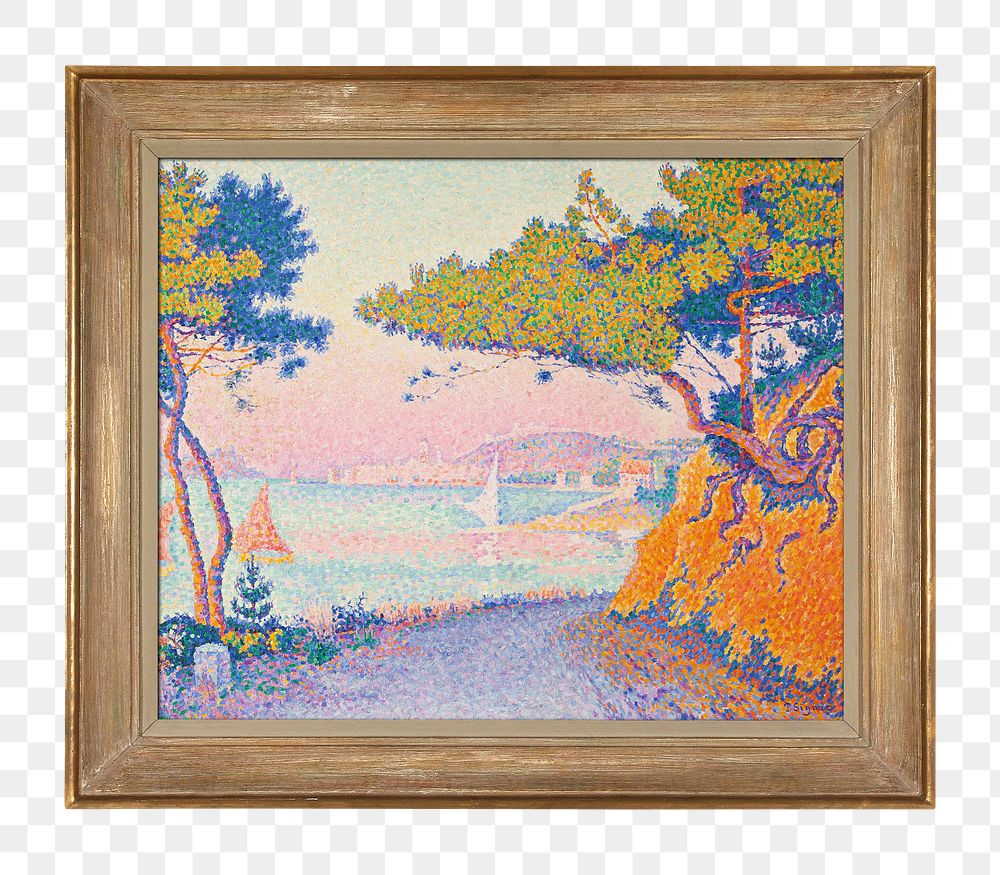 Wooden photo frame png, with Paul Signac's famous painting on transparent background. Remixed by rawpixel.