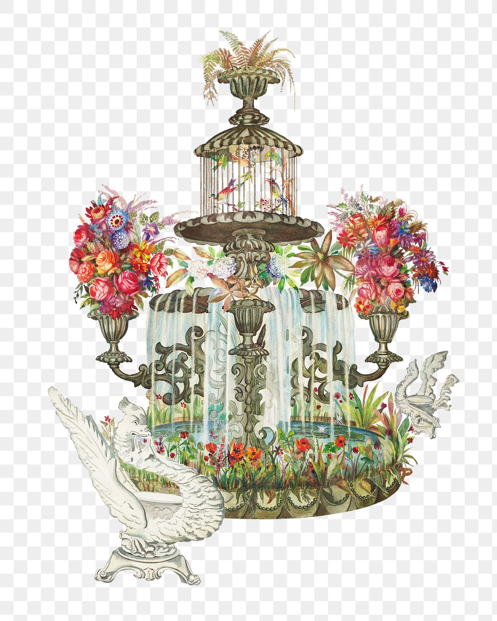 Conservatory Fountain png, vintage garden illustration by Perkins Harnly and Nicholas Zupa, transparent background. Remixed…