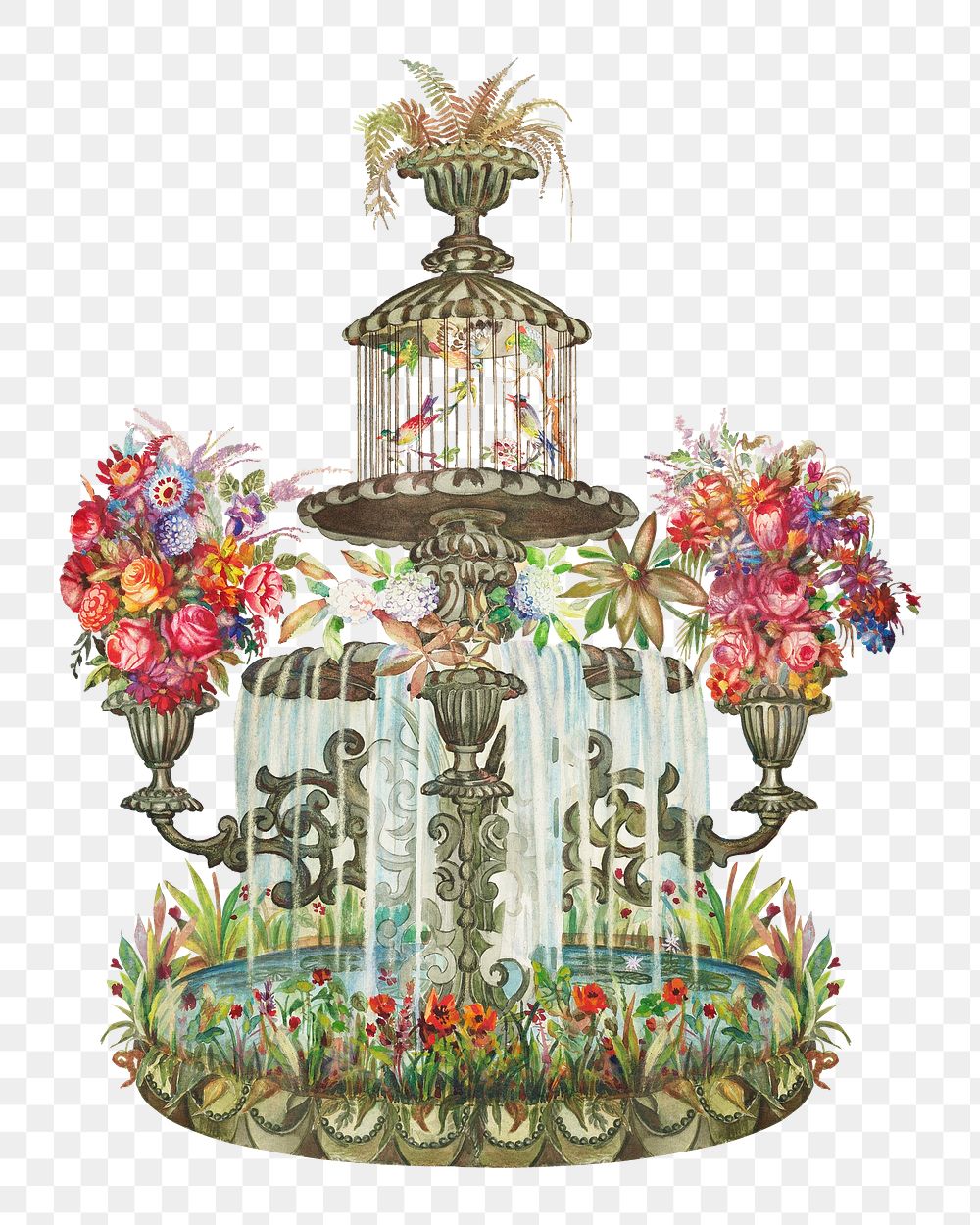 Conservatory Fountain png, vintage garden illustration by Perkins Harnly and Nicholas Zupa, transparent background. Remixed…