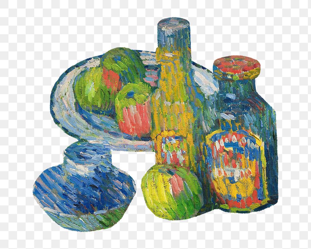 Bottles and Fruit png still life, vintage illustration by Alexej von Jawlensky., transparent background. Remixed by rawpixel.