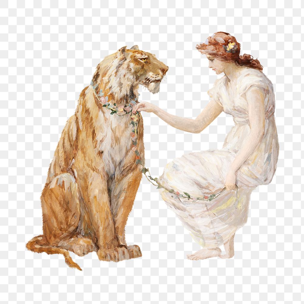 Png lady and the Tiger, vintage illustration by Frederick Stuart Church on transparent background. Remixed by rawpixel.