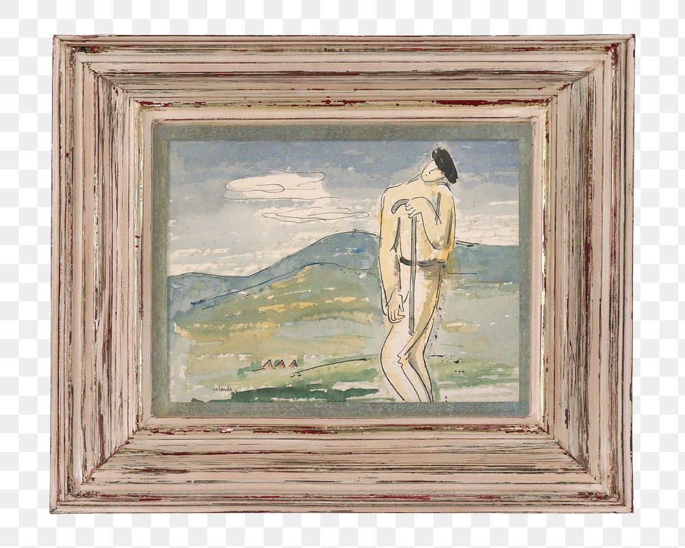 Wooden photo png frame, with A weary pilgrim painting on transparent background. Remixed by rawpixel.