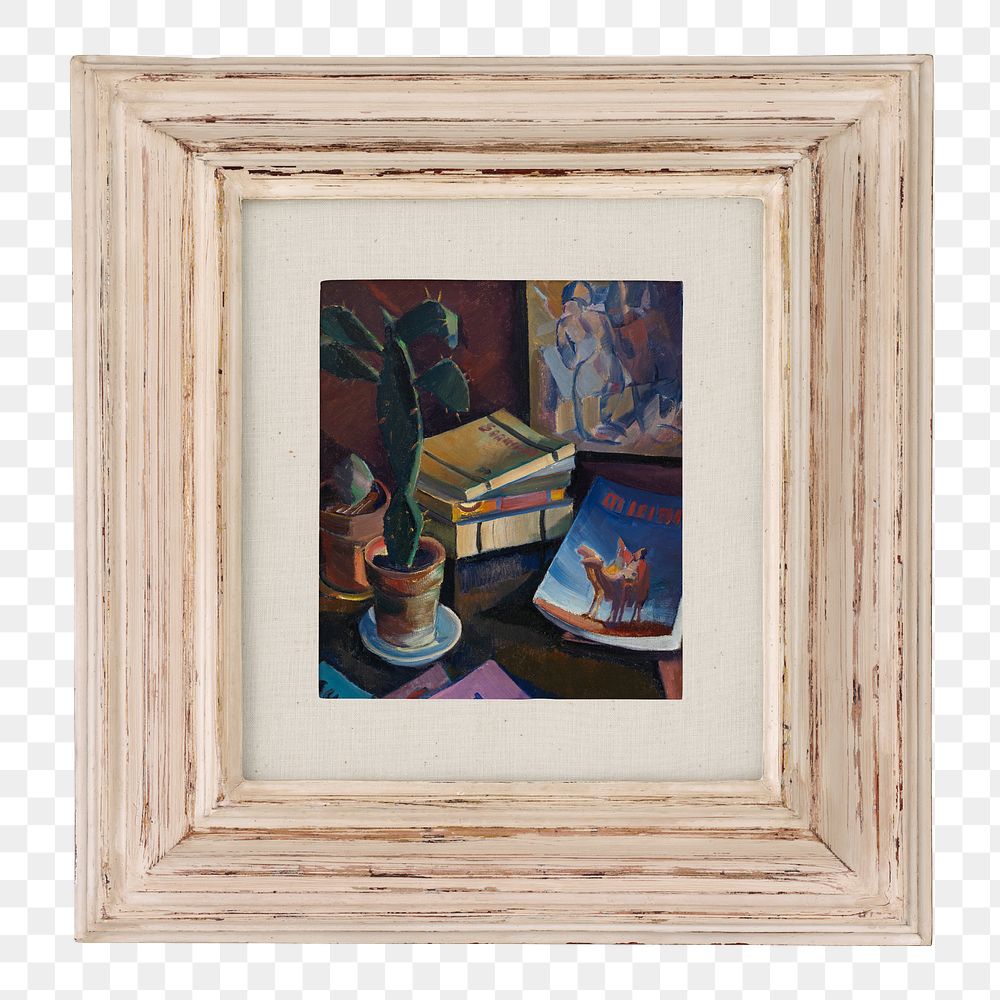 Wooden photo png frame, with Ilmari Aalto's painting on transparent background. Remixed by rawpixel.