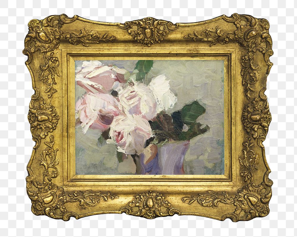 Gold picture png frame, with Ludovít Pitthordt's rose painting on transparent background. Remixed by rawpixel.