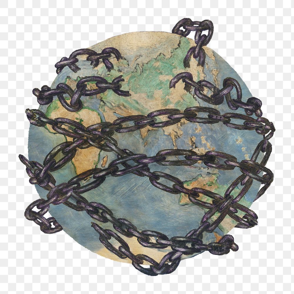 Chained globe png, abstract environment illustration by Tomas Andraskovic, transparent background. Remixed by rawpixel.