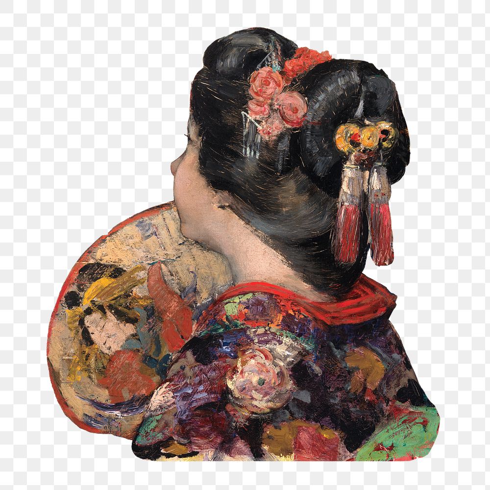 Japanese woman png in traditional robe, vintage illustration by Edward Atkinson Hornel, transparent background. Remixed by…