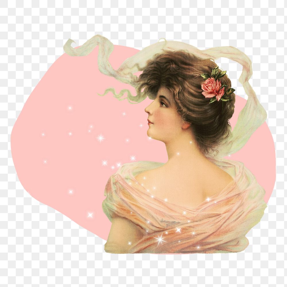 Vintage woman png pink badge sticker, transparent background. Remixed by rawpixel.