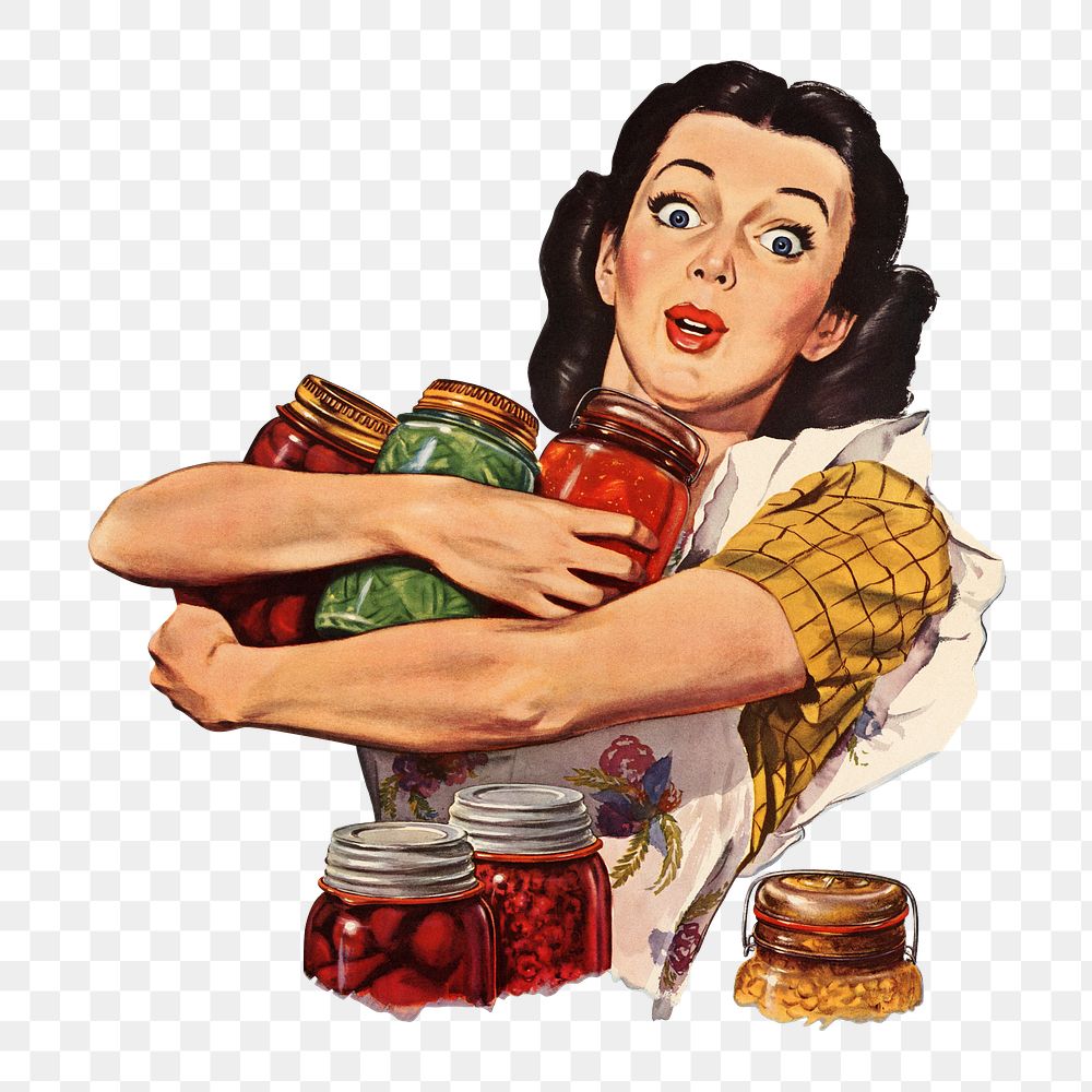 Woman png holding jam jars, vintage illustration by Dick Williams on transparent background. Remixed by rawpixel.
