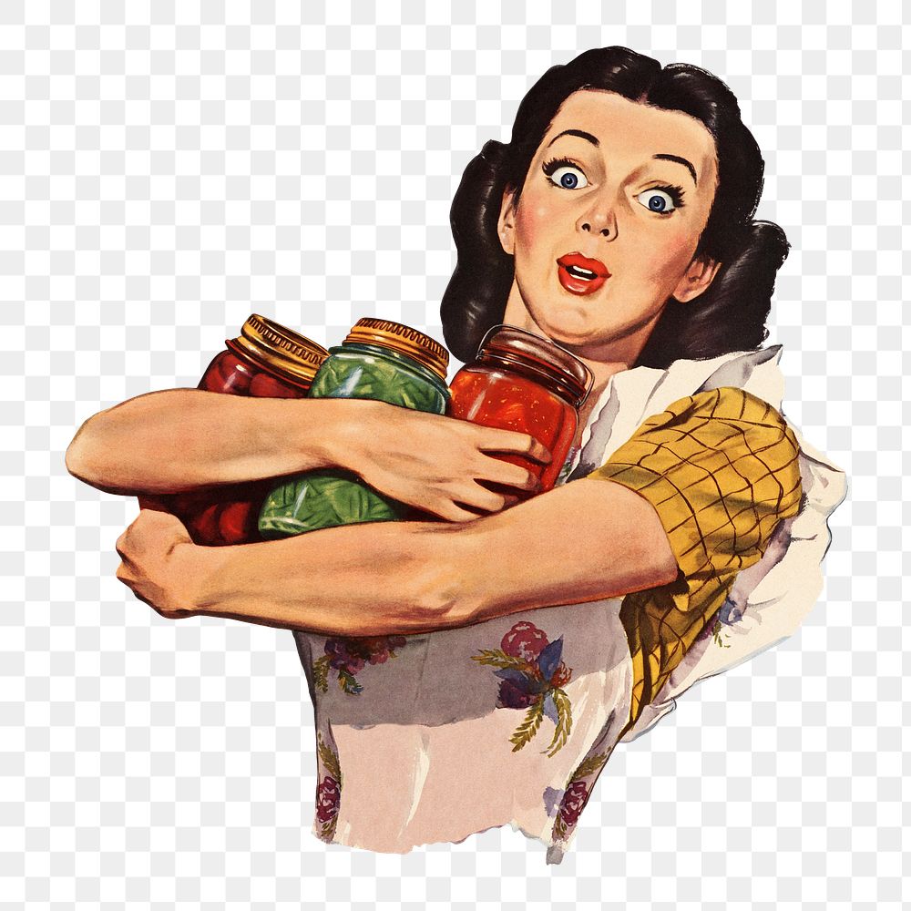 Woman png holding jam jars, vintage illustration by Dick Williams on transparent background. Remixed by rawpixel.