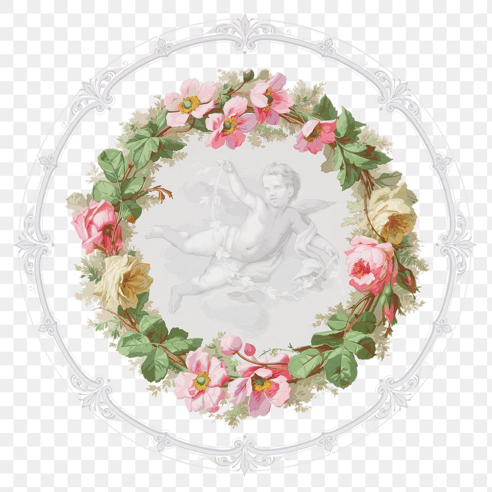 Ceiling medallion png, vintage flying cupid illustration, transparent background. Remixed by rawpixel.