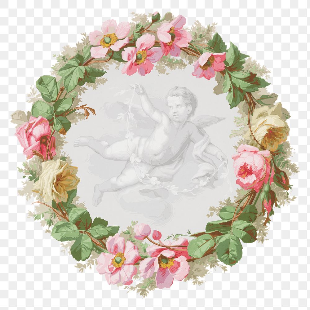 Ceiling medallion png, vintage flying cupid illustration, transparent background. Remixed by rawpixel.
