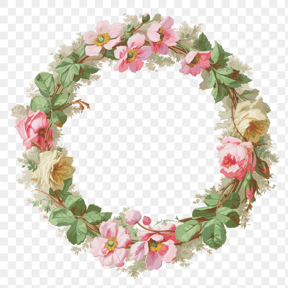Flower wreath frame png, vintage botanical illustration, transparent background. Remixed by rawpixel.