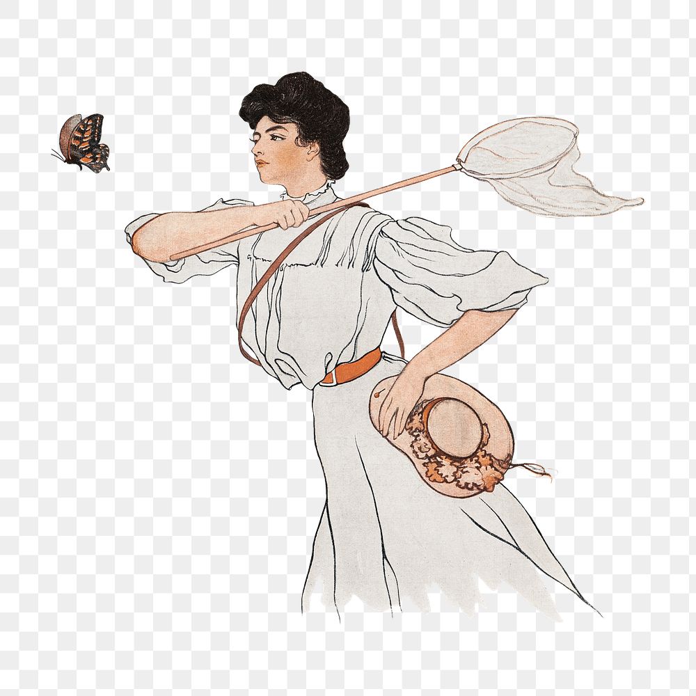 Vintage woman png catching butterfly character, transparent background. Remixed by rawpixel. 