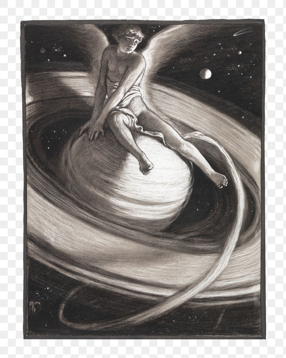 Vintage angel png sitting on Saturn, transparent background. Remixed by rawpixel. 