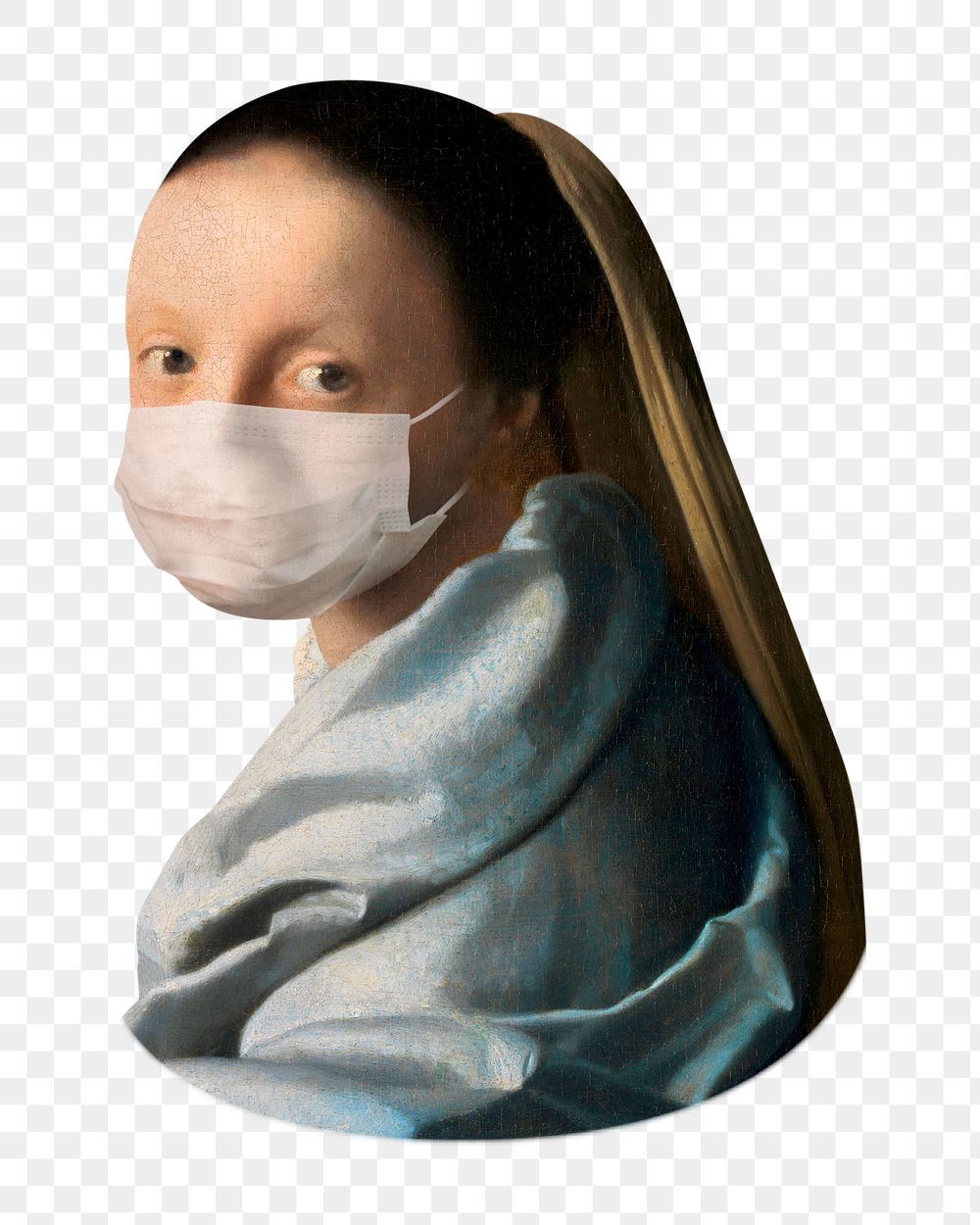 Png Vermeer's young woman wearing a face mask, vintage illustration, transparent background. Remixed by rawpixel.