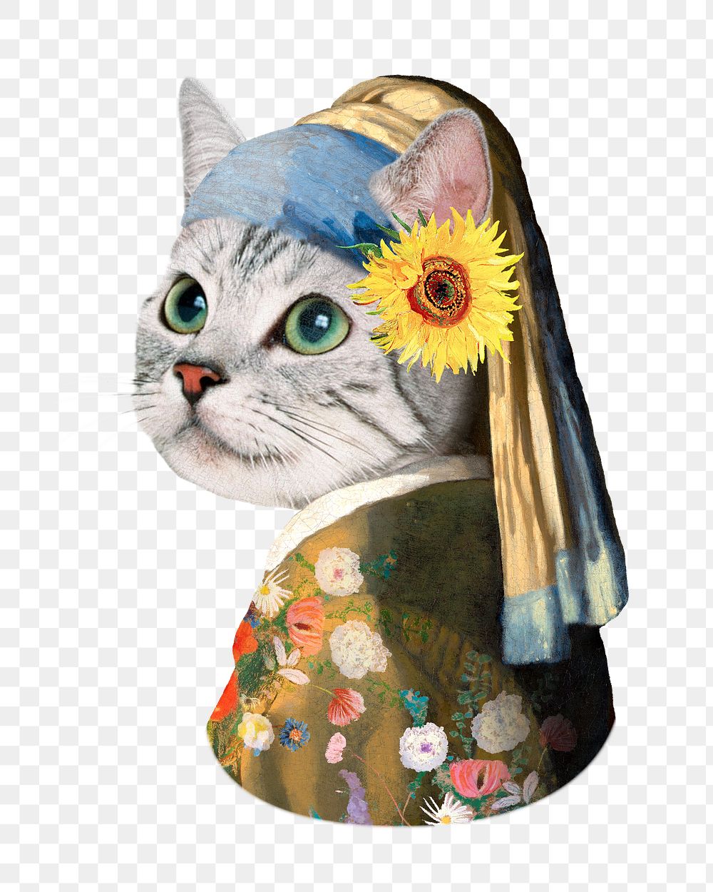 Png cat head woman, Johannes Vermeer's artwork remixed by rawpixel, transparent background