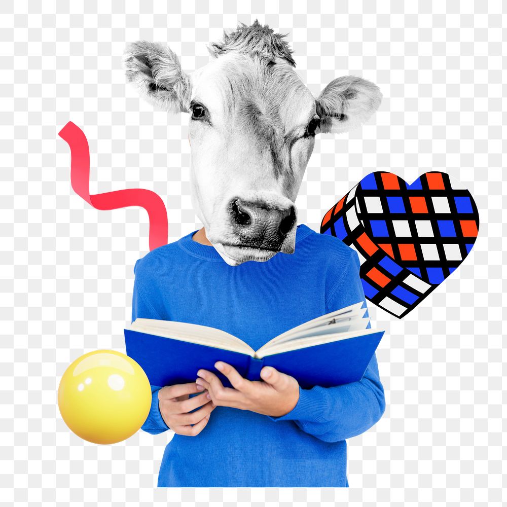 Reading cow png sticker, mixed media transparent background