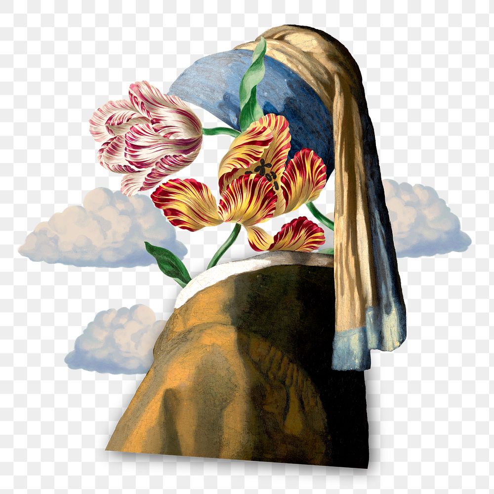 Floral lady png vintage sticker, Johannes Vermeer's  artwork mixed media transparent background. Remixed by rawpixel.
