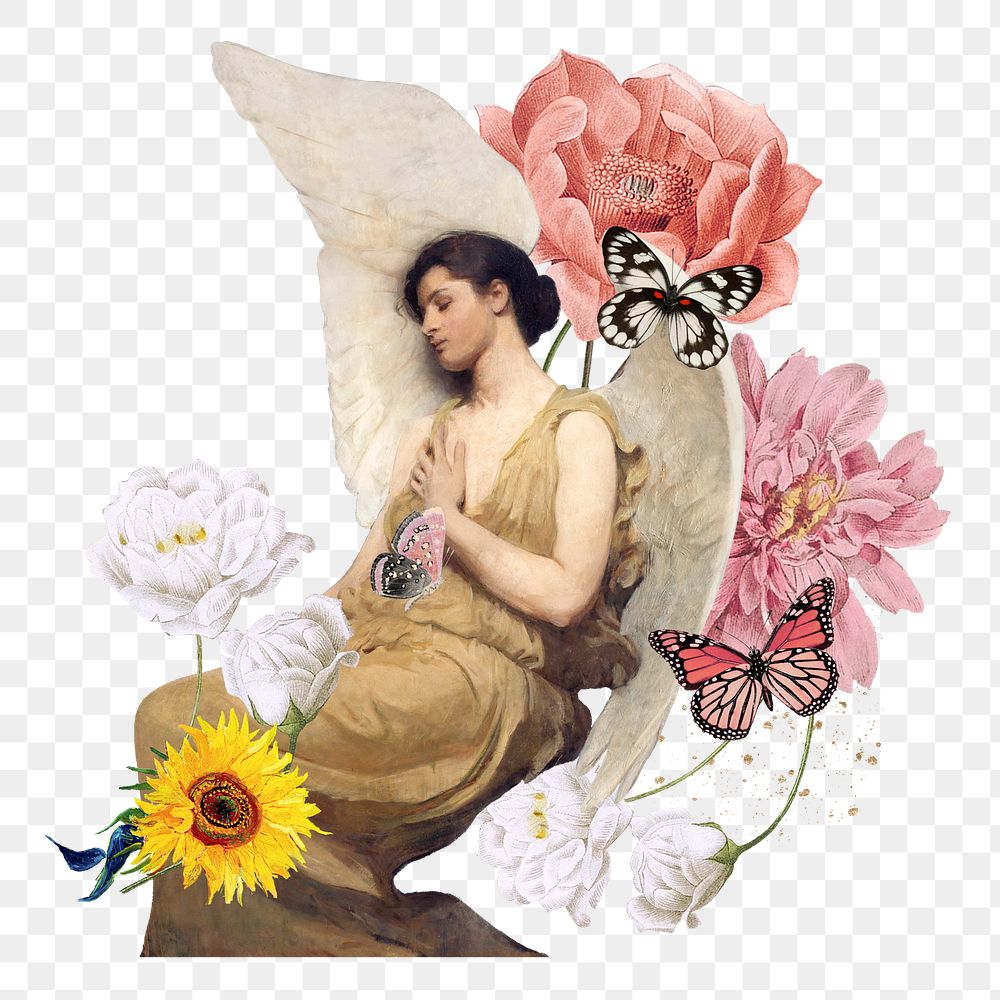 Floral angel png vintage sticker, Abbott Handerson Thayer's artwork mixed media transparent background. Remixed by rawpixel.