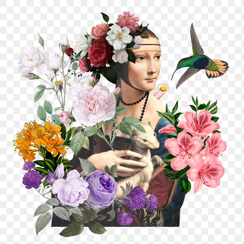 Floral woman png vintage sticker, Leonardo da Vinci's artwork mixed media transparent background. Remixed by rawpixel.