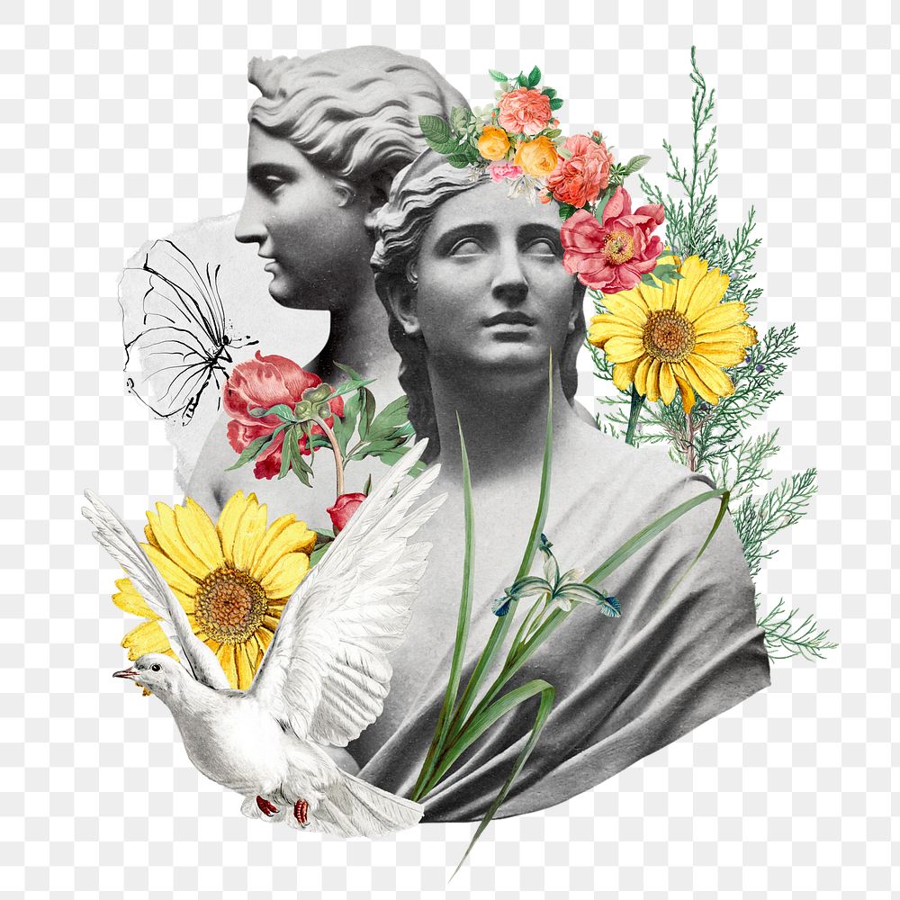 Floral statue png sticker, mixed media transparent background. Remixed by rawpixel.