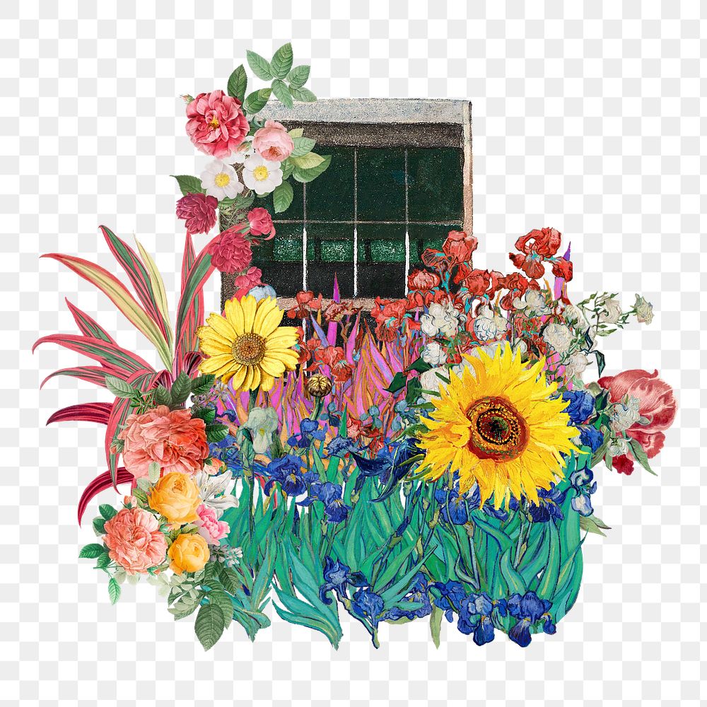 Window flower png vintage sticker, mixed media transparent background. Remixed by rawpixel.