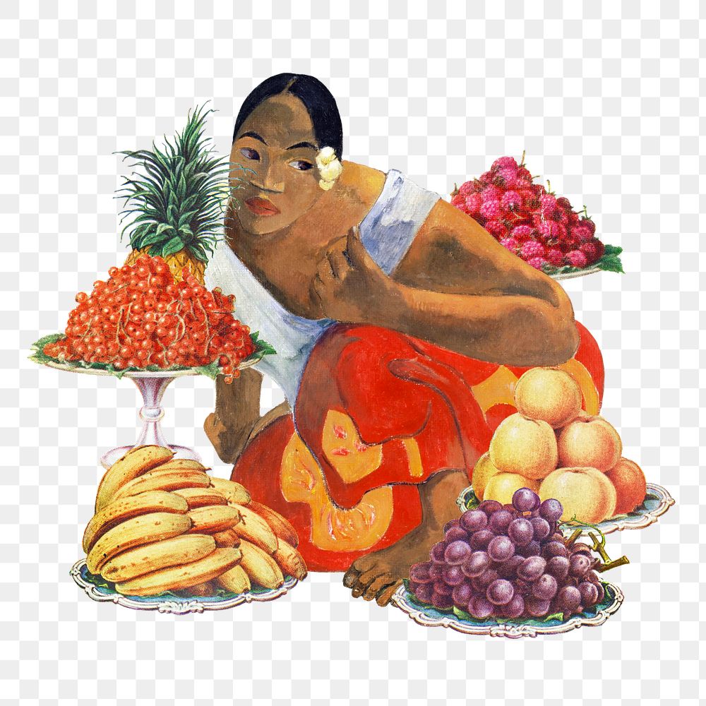 Fruit market png vintage sticker, Paul Gauguin&rsquo;s artwork mixed media transparent background. Remixed by rawpixel.