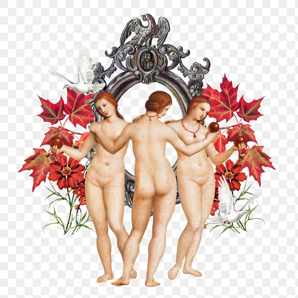 Three graces png sticker, Raphael's artwork mixed media transparent background. Remixed by rawpixel.