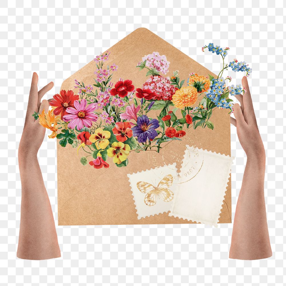 Floral envelope png sticker, mixed media transparent background