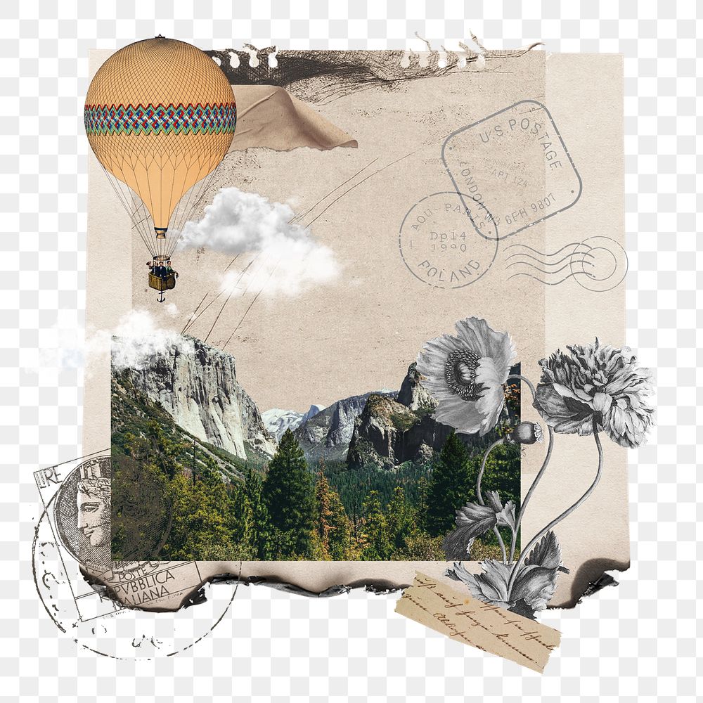 Travel balloon png vintage sticker, mixed media transparent background