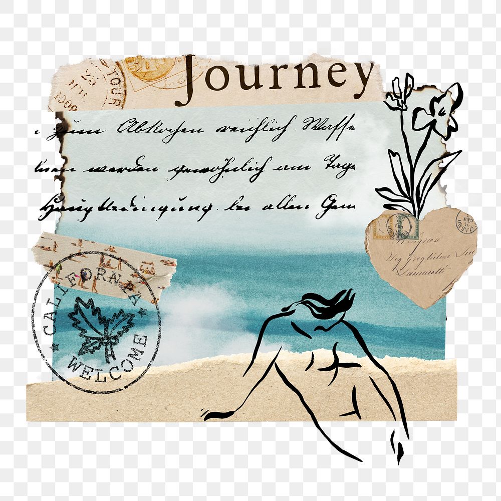 Beach travel png vintage sticker, mixed media transparent background