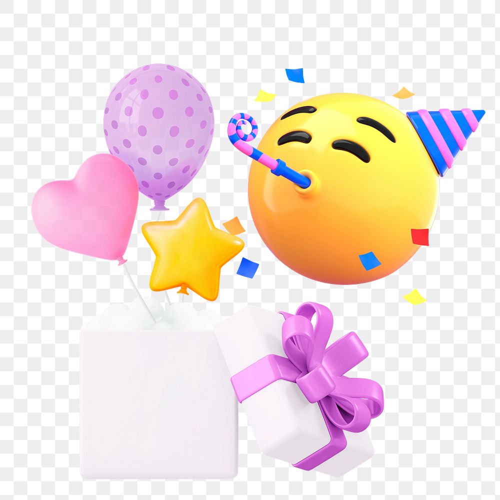 PNG 3D party emoticon, birthday celebration sticker, transparent background