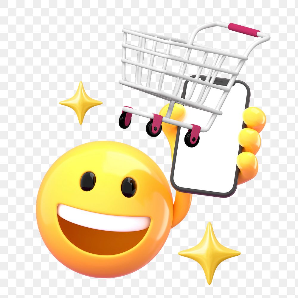 Online shopping png mockup, 3D emoji transparent background