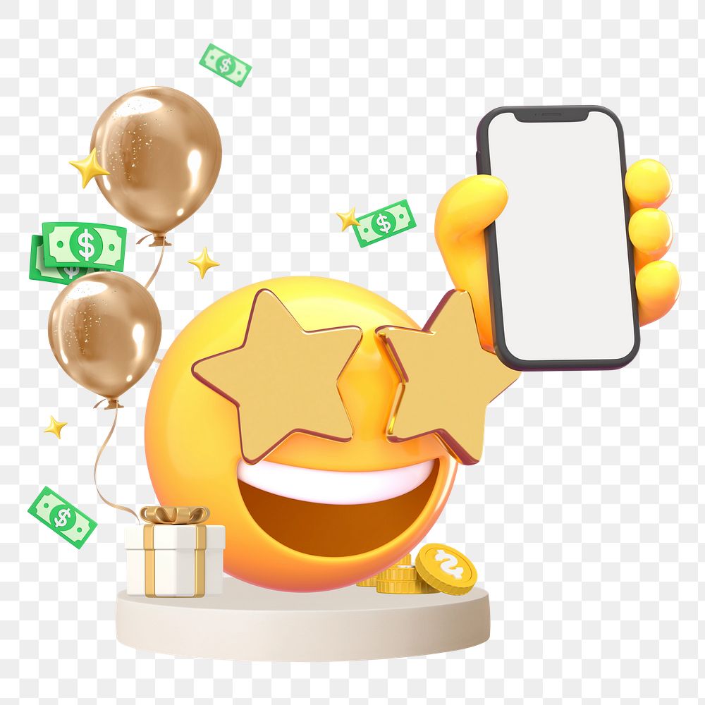 Phone screen png mockup, 3D emoji transparent background
