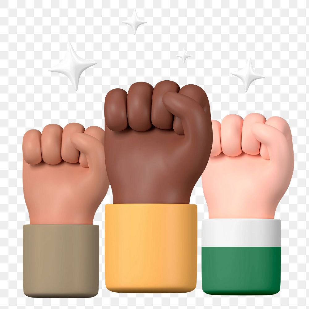 Diverse raised fists png sticker, BLM movement in 3D design, transparent background