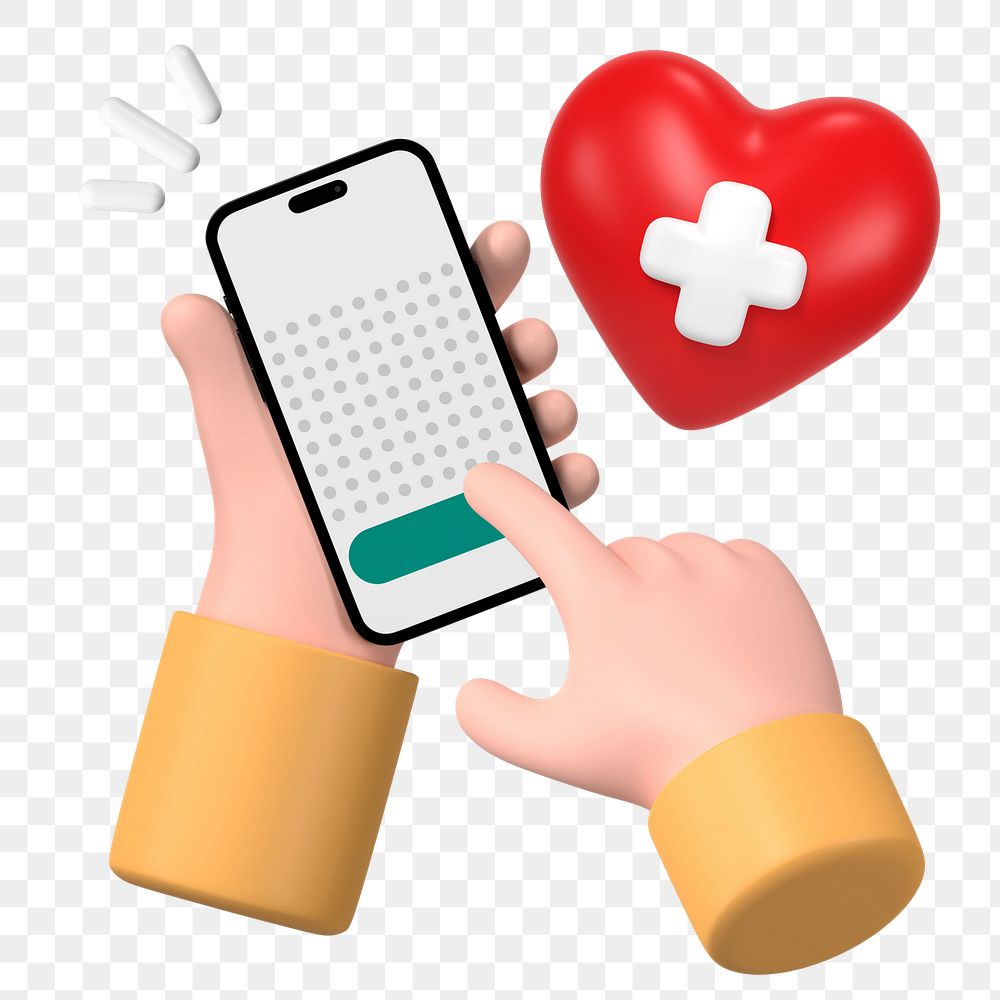 Health tracking app png sticker, 3D hand holding phone, transparent background