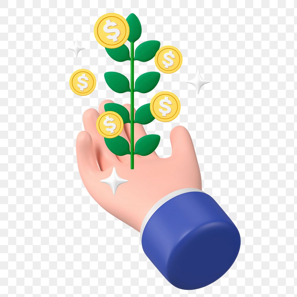 Business success png sticker, money plant hand 3D graphic, transparent background