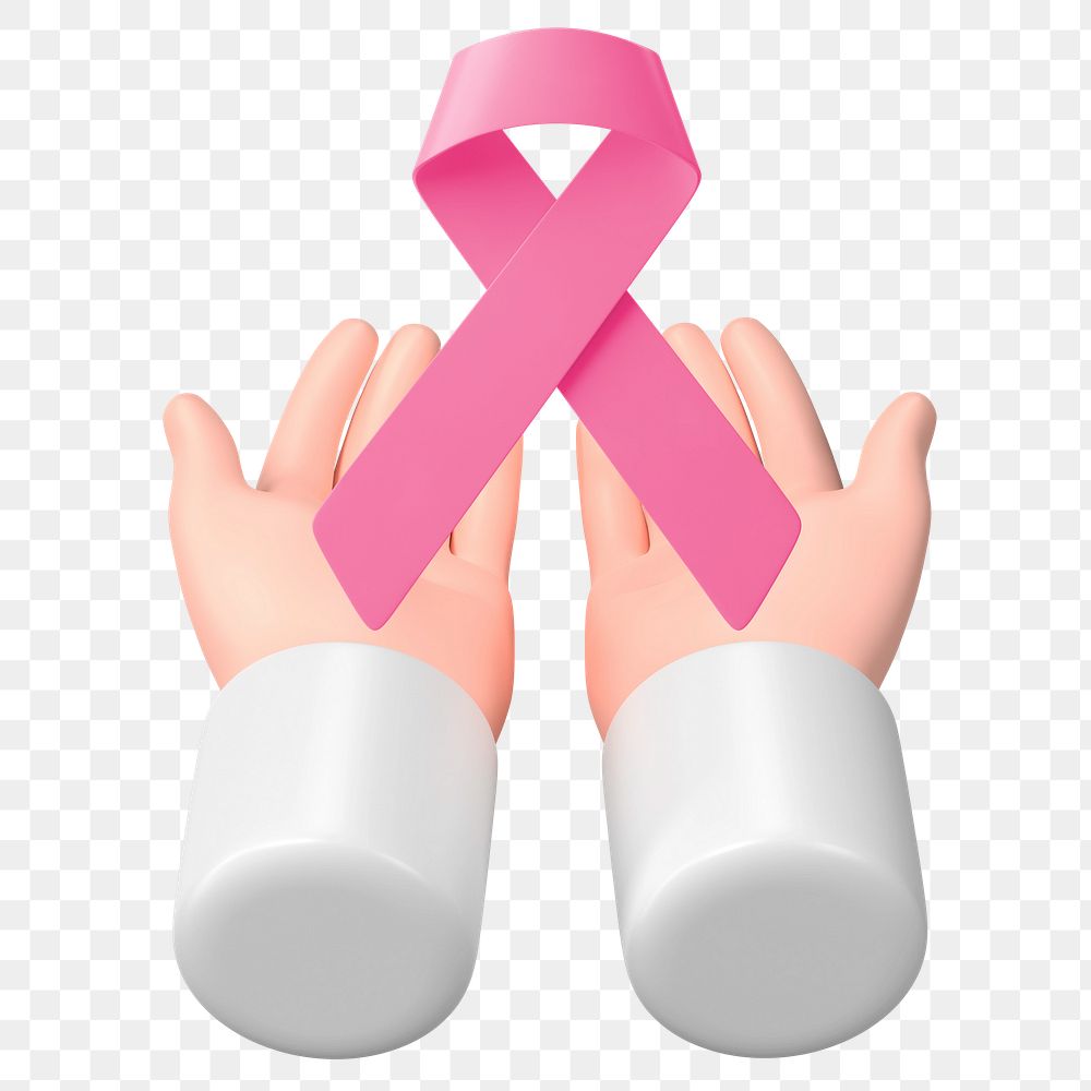 Breast cancer awareness png sticker, 3D hands cupping pink ribbon, transparent background