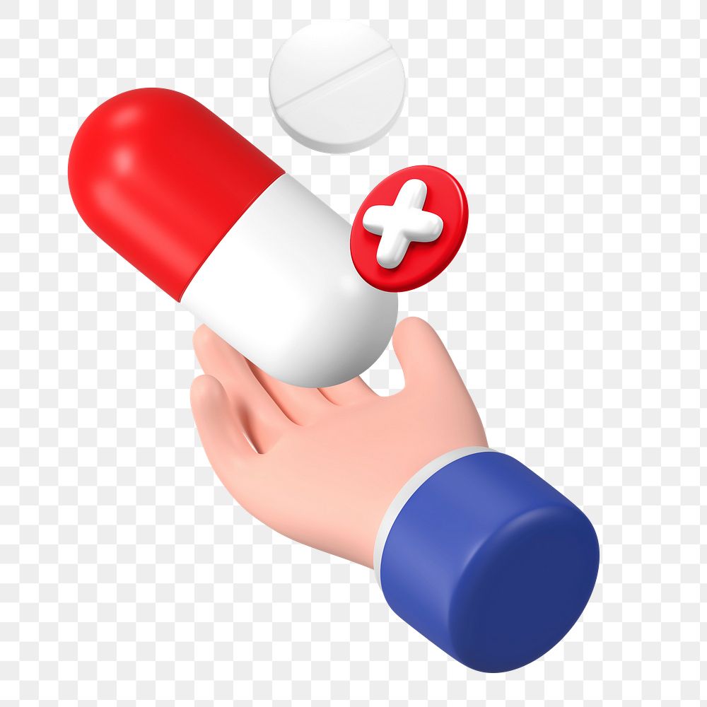 3D capsule medicine png sticker, health hand graphic, transparent background