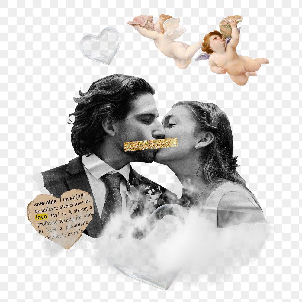 Vintage couple kissing png sticker, transparent background