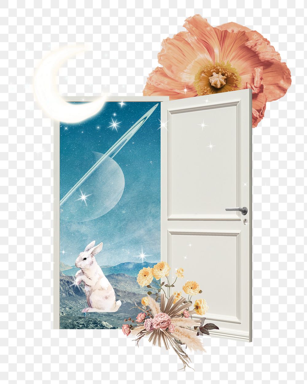 Dreamscape rabbit png inside open door, transparent background