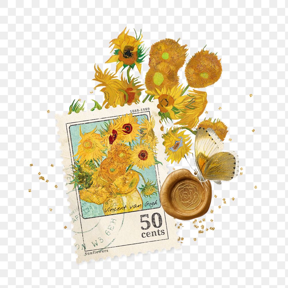 Van Gogh's Sunflowers png collage sticker, transparent background, remixed by rawpixel