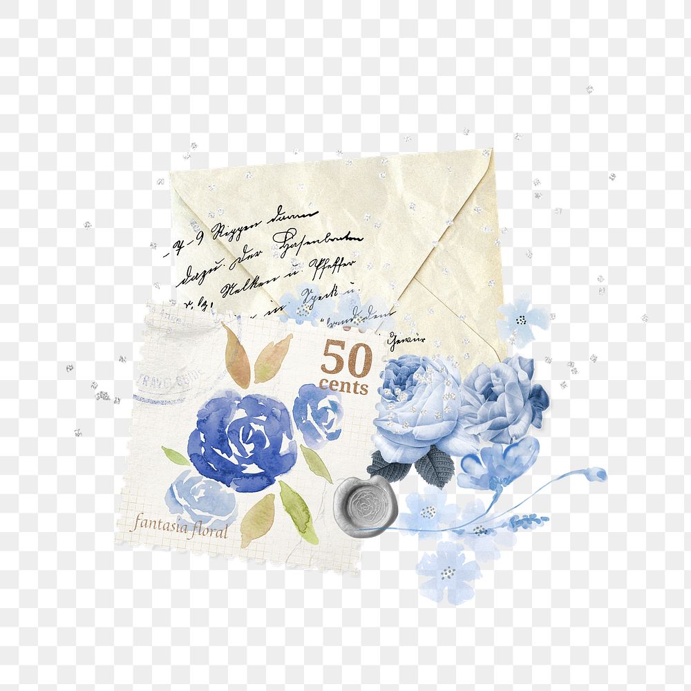 Vintage envelope png blue rose sticker, transparent background, remix illustration