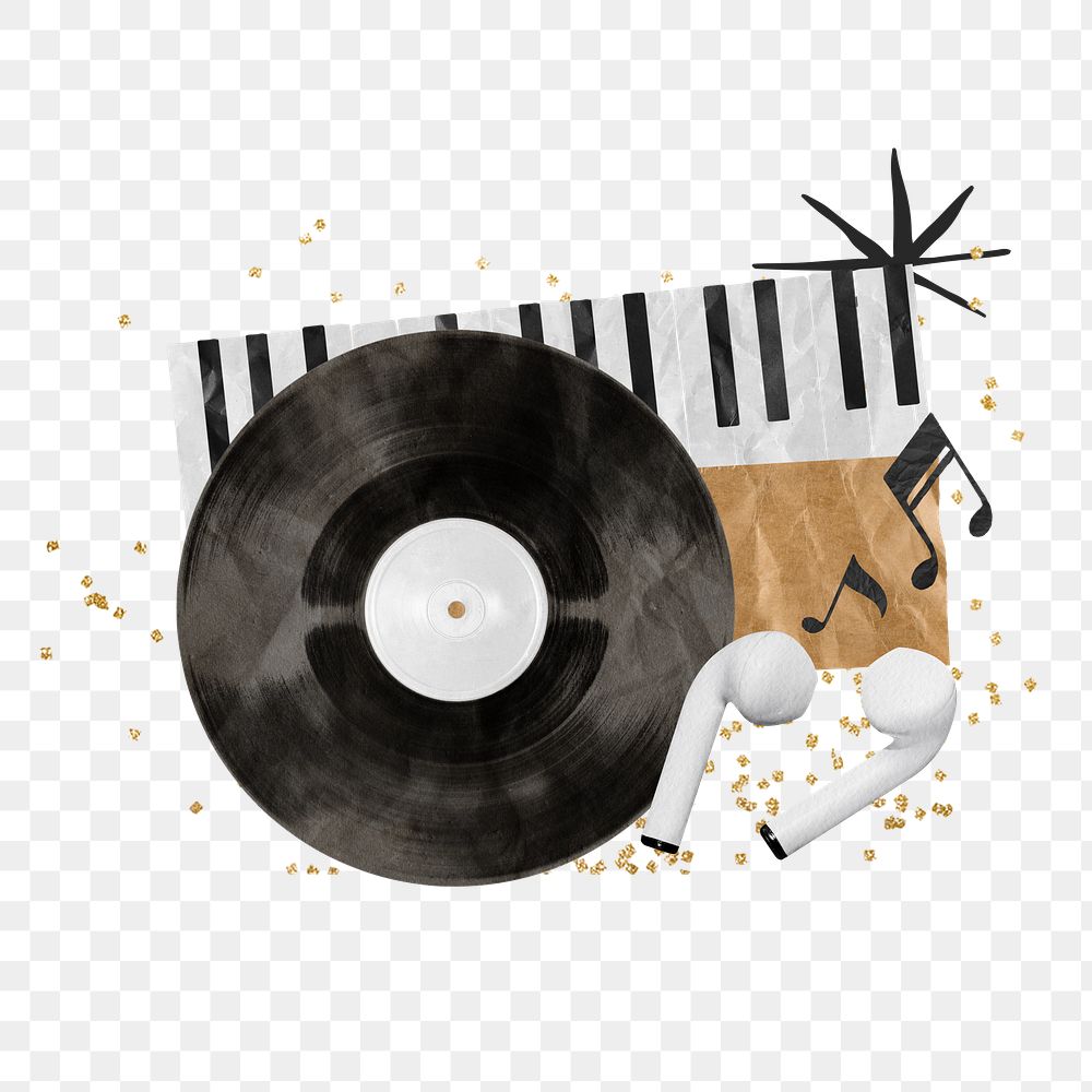 Retro music aesthetic png sticker, vinyl record and headphones paper collage, transparent background