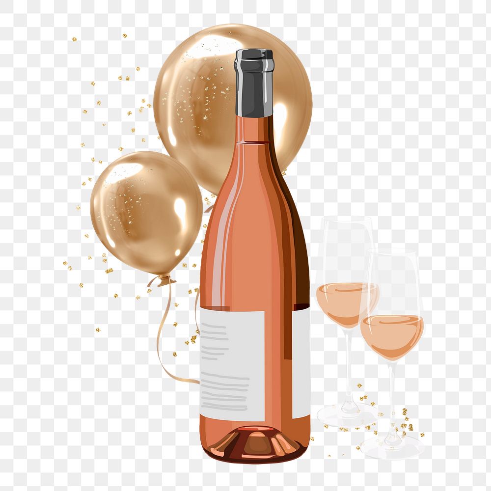 Pink champagne bottle png sticker, aesthetic celebration collage, transparent background