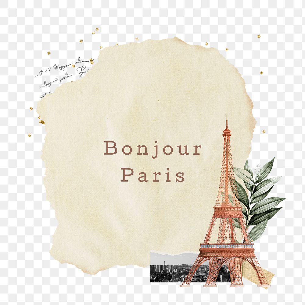 Bonjour Paris words png sticker, Eiffel Tower aesthetic collage, transparent background