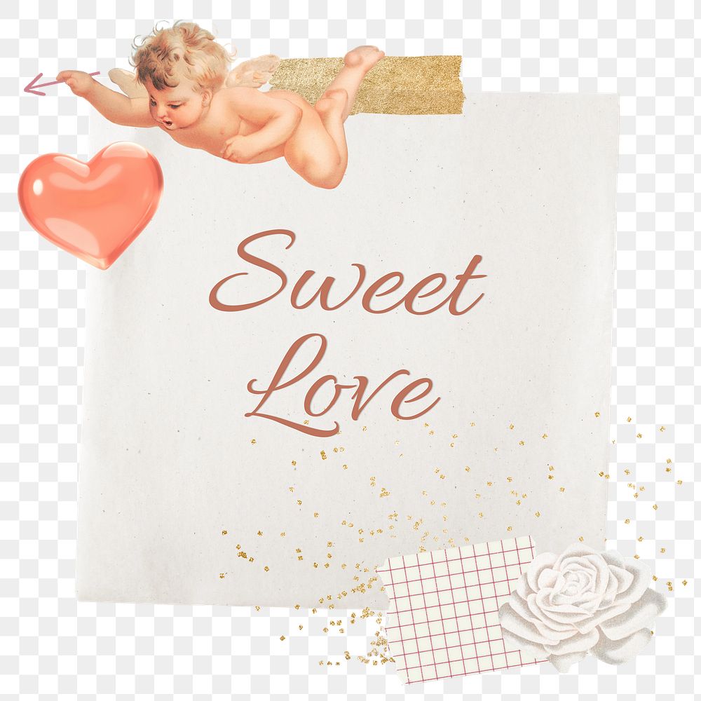 Secret love words png sticker, Valentine's cupid collage, transparent background