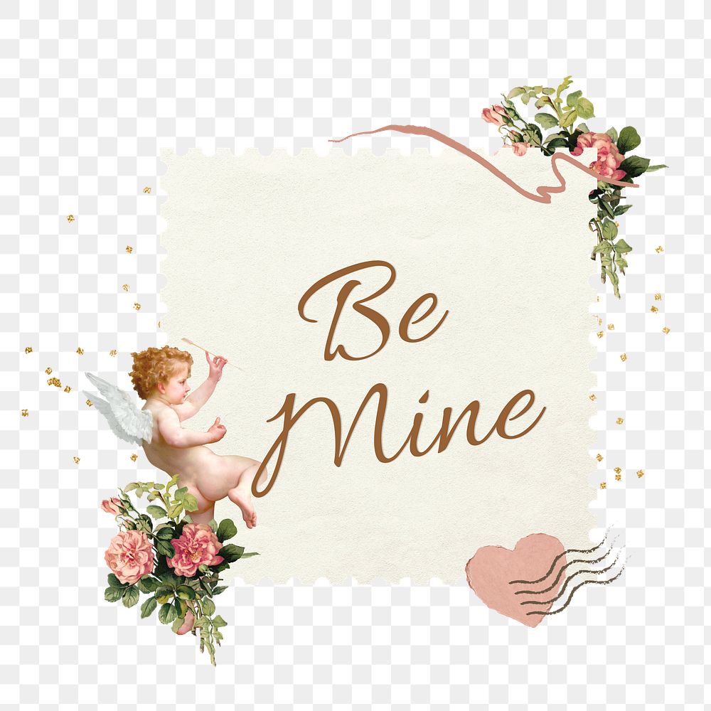 Be mine words png sticker, Valentine's cupid collage, transparent background