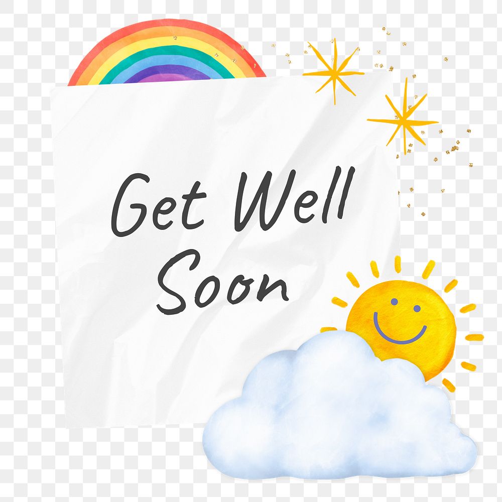 Get well soon words png sticker, weather collage, transparent background