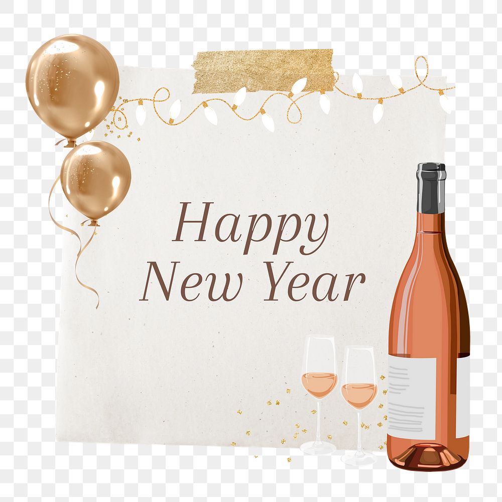 Happy New Year png greeting sticker, champagne bottle collage, transparent background